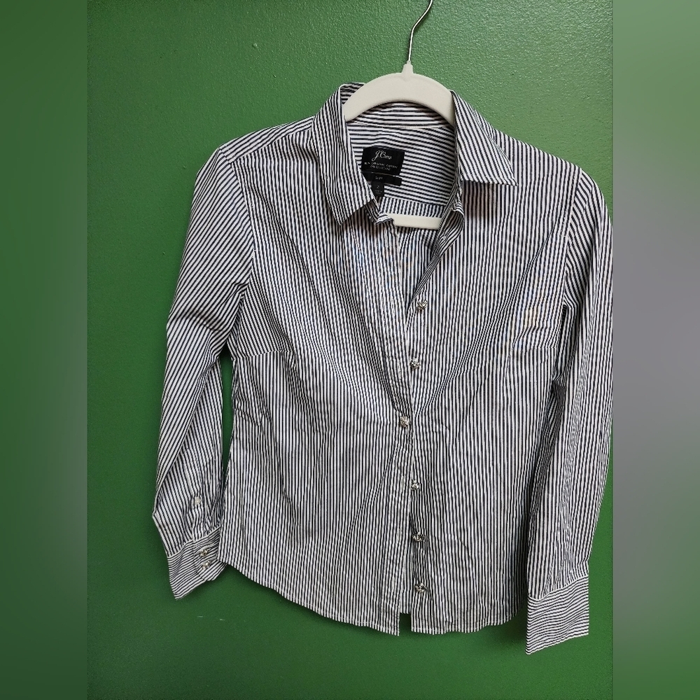 J.Crew Slim Fit Striped Button Down Jeweled Buttons Blue White Size 2